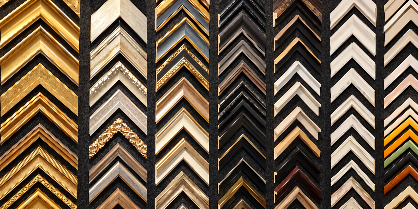 Muestrario de molduras para cuadros en Tarancón con diferentes perfiles, estilos y acabados en tonos dorados, madera, negro, blanco y colores.