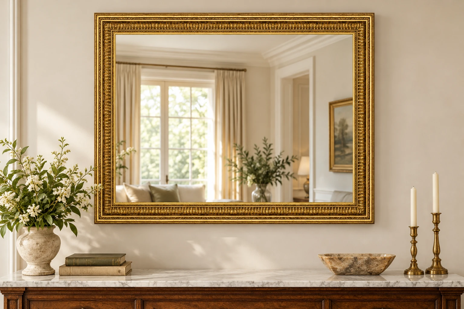 Espejo rectangular a medida con moldura dorada de estilo clásico