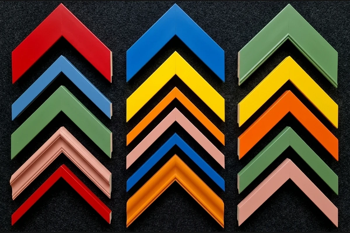 Muestrario de molduras de colores para enmarcación